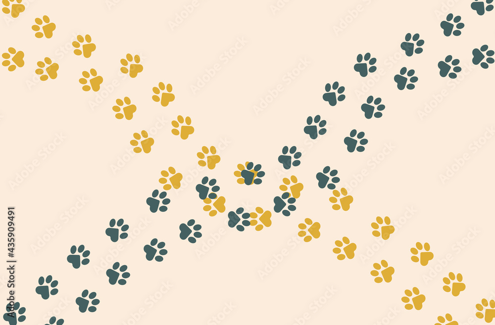Paws of a cat, dog, puppy. Diagonal animal prints for T-shirts, backgrounds, websites, postcards, pet shops, veterinary clinics, children's prints. Trending colors of 2021. 