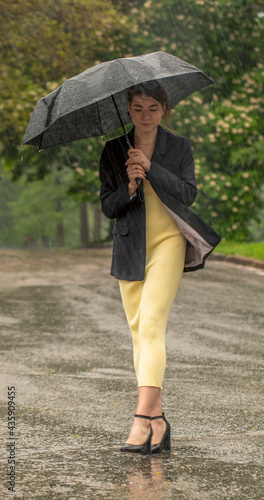 Girl under a black umbrella during the rain.