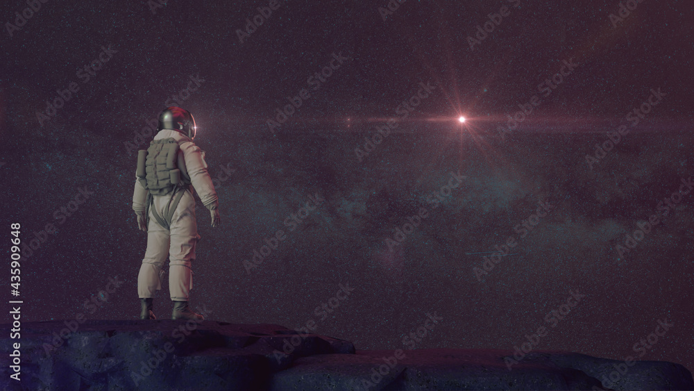 Astronaut In Dark Rocky Landscape Lookingt Into Starry Sky | Science Fiction / Retrowave / Synthwave | 3D Render Illustration 8K Astronaut In Dark Rocky Landscape Lookingt Into Starry Sky | Science Fiction / Retrowave / Synthwave | 3D Render Illustration 8K