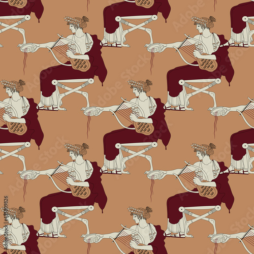 Seamless vintage pattern with silhouettes of ancient Greek god Apollo. Vase painting style.