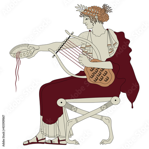 Seated ancient Greek god Apollo with cup and lyre. Vase painting style. Isolated vector illustration. 