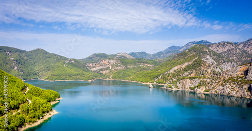 Panorama of Dam lake in Green Canyon. Beatiful View to Taurus Mountains and turquoise water of the lake. Manavgat  Turkey