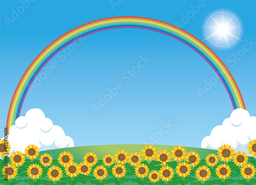 夏のイメージのイラスト自然背景素材　向日葵ヒマワリ畑と青空と白い雲と大きな虹レインボー © globeds
