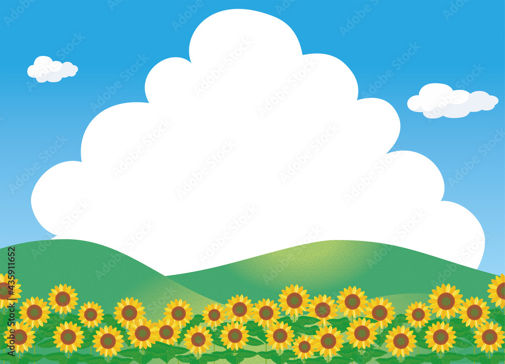 夏のイメージのイラスト自然背景素材　向日葵ヒマワリ畑と青空と白い雲入道雲ポプラ並木文字スペース