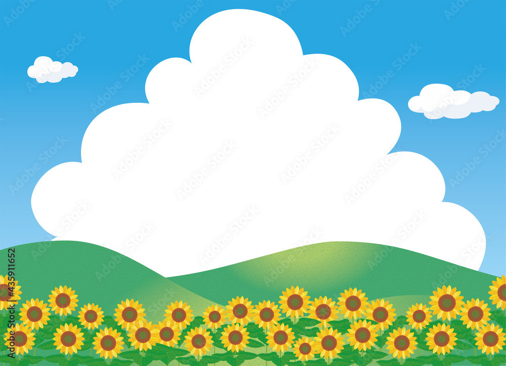 夏のイメージのイラスト自然背景素材 向日葵ヒマワリ畑と青空と白い雲入道雲ポプラ並木文字スペース 夏のイメージのイラスト自然背景素材 向日葵ヒマワリ畑と青空と白い雲入道雲ポプラ並木文字スペース