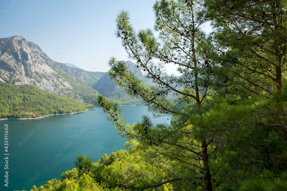 Dam lake in Green Canyon. Beatiful View to Taurus Mountains and turquoise water. Coniferous forest with bright green pine trees. Manavgat, Turkey
