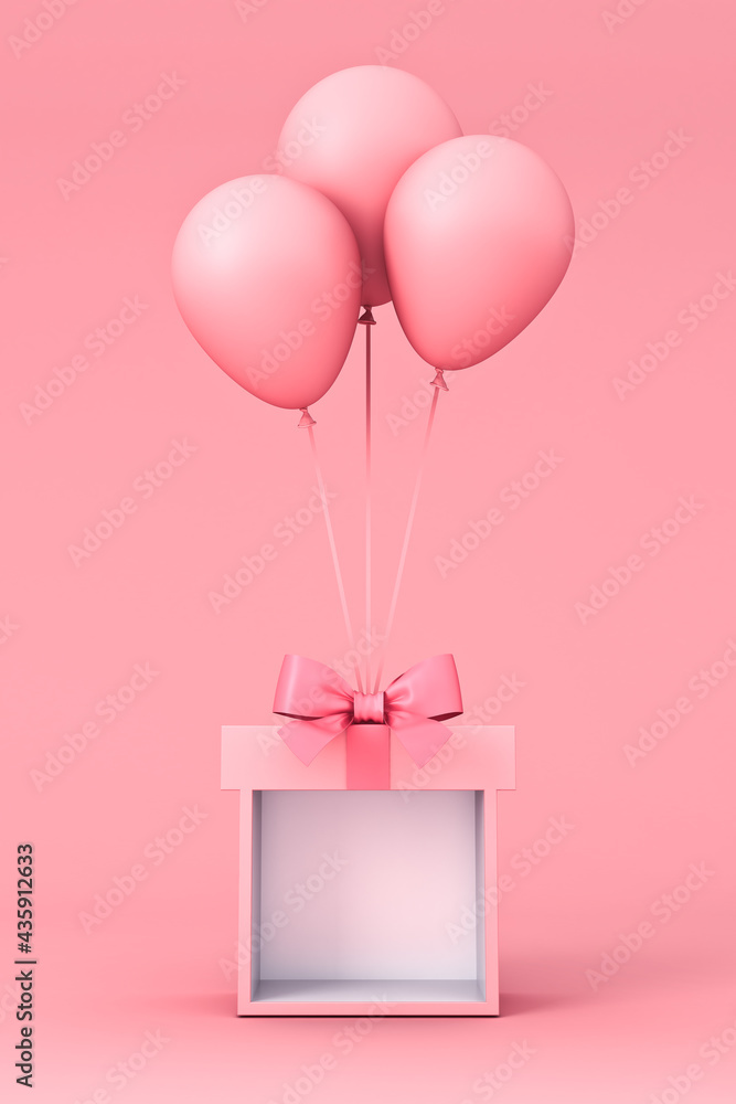 Blank display gift box booth stand with pink pastel color ribbon bow and sweet pink balloons isolated on pink background with shadow minimal conceptual 3D rendering Blank display gift box booth stand with pink pastel color ribbon bow and sweet pink balloons isolated on pink background with shadow minimal conceptual 3D rendering