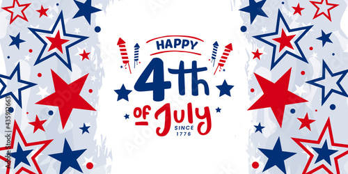 Happy 4th of July since 1776, USA Independence day Celebration design with firework and stars on watercolor with red-blue color stars background promotional advertising banner template.