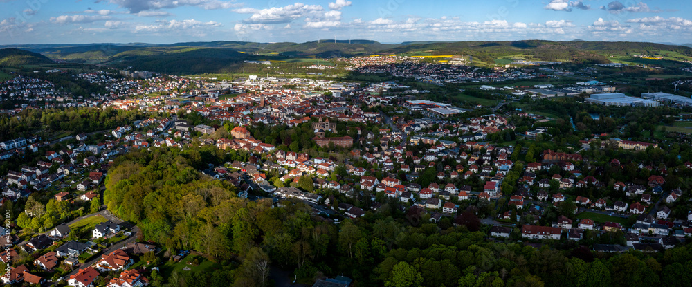 Aerial view of the city Bad Hersfeld in Germany on a sunny day in spring.