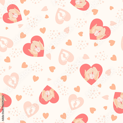 Print with hearts and baby feet who hold the parent's hands. Seamless pattern for baby design. Vector