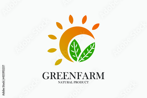 Sun rise over Leaves Logo design vector template. Alternative Energy concept
