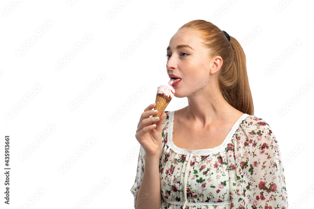 Red hair model eating ice-cream in studio Red hair model eating ice-cream in studio