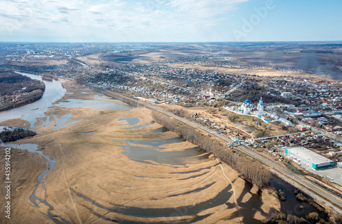Aerial panorama of fields with the flooded rivers Klyazma and Nerl. Spring landscape near Vladimir, Rusiia. photo