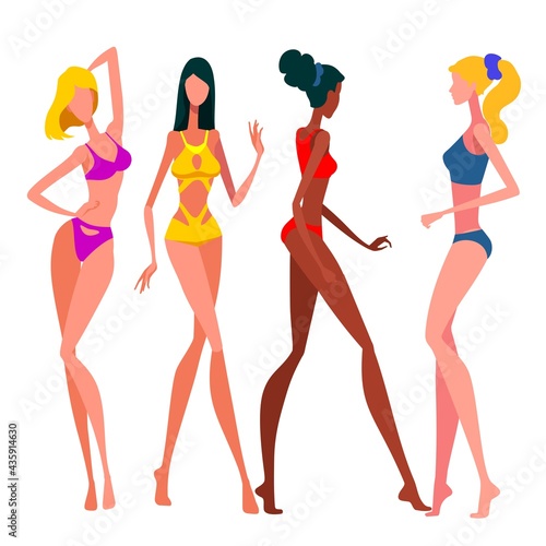 Brunette and blond girls in bathing suits. Tropical vacation and people silhouettes.