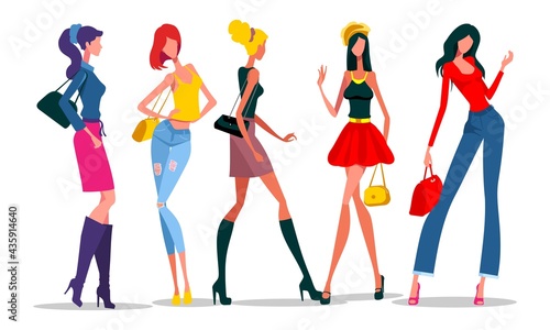 Modernly dressed women in fashionable clothes. Vector illustration of beautiful attractive girls with clothing and bag accessories.