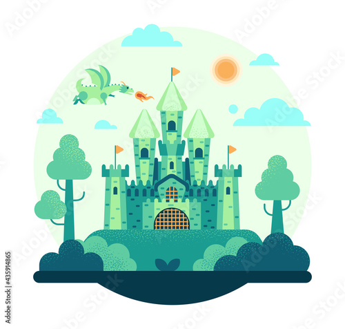 Vector cartoon illustration of a green dragon flies over the castle, fairy tale picture