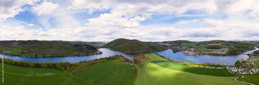 the Diemelsee lake in hesse germany from above as a high definition panorama