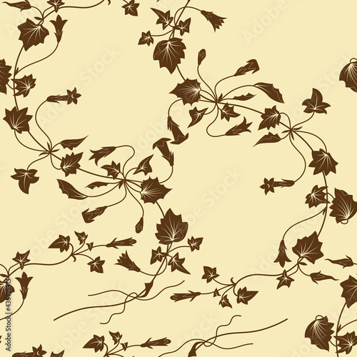 Seamless floral pattern with bindweed or ivy vines. Monochrome brown silhouettes on light yellow background.