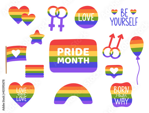 Lgbt rainow background. Pride month celebration. Hand drawn lgbtq stickers. Gay parade. Transgender, lesbian, bisexual couple. Freedom poster. Love is love sign. Propaganda symbol. Vector illustration