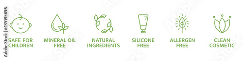 Organic and natural cosmetic line icons. Skincare symbol. Allergen free badges. Beauty product. Clean cosmetic. Non toxic logo. Eco, vegan label. Safe for children. Vector illustration