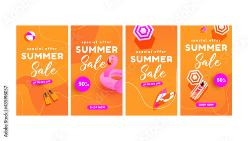 Summer hot season discount posters set for social media stories sale, web page, mobile phone. Trendy editable stories design templates
