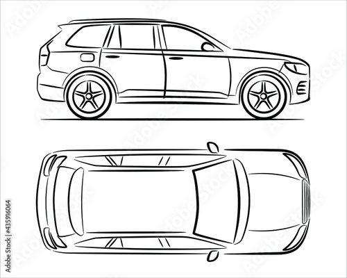 Modern suv car abstract silhouette on white background. Vector line art. Vehicle icons set view from side and top.