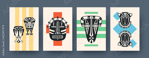 Set of art posters with ritual masks. Vector illustration. .Collection of african tribal masks in colorful background. Africa, culture, tribe, ritual, totem concept for social media design