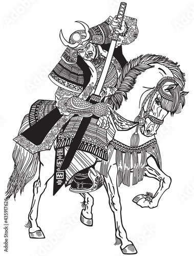 A Japanese samurai rider sitting on horseback, wearing medieval leather armour and holding a katana sword. Asian Cavalry Warrior. Medieval East Asia soldier riding a pony horse.Black and white vector