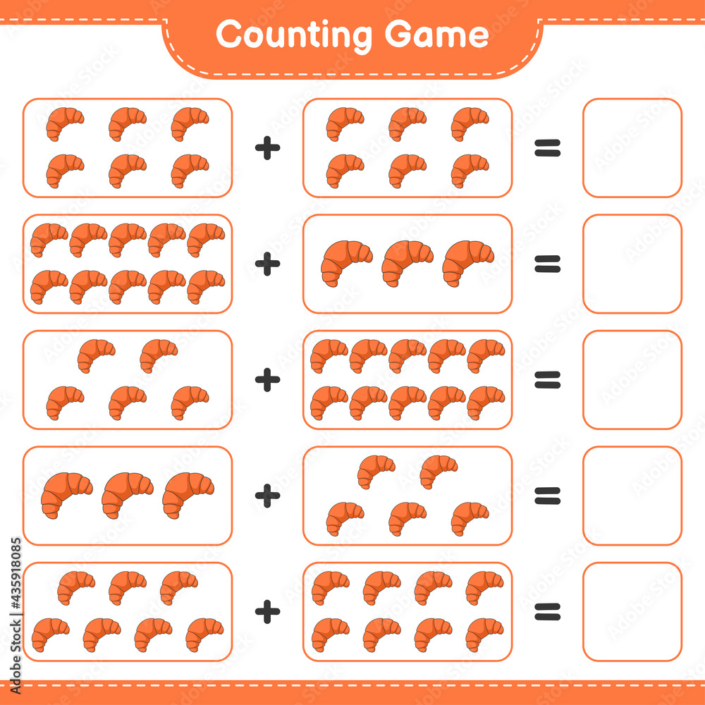 Counting game, count the number of Croissant and write the result. Educational children game, printable worksheet, vector illustration Counting game, count the number of Croissant and write the result. Educational children game, printable worksheet, vector illustration