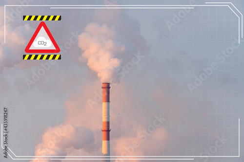 Emission to atmosphere of factory smoke pipes with virtual of digital icon of carbone gases. Smokestack pipes with design infographics. Industry chimney pollute the air