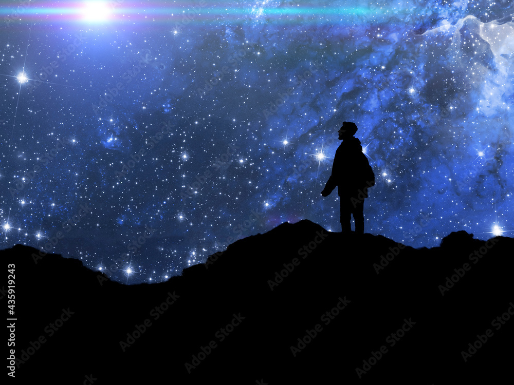 silhouette of a person standing on top of mountain and watch the sky galaxy. elements of this image furnished by nasa