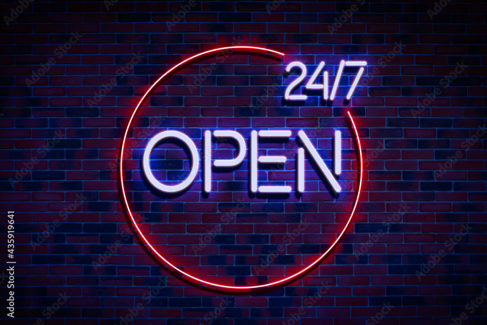 we are open 24/7 hours neon sign on the wall, night life illuminated glow we are open 24/7 hours neon sign on the wall, night life illuminated glow