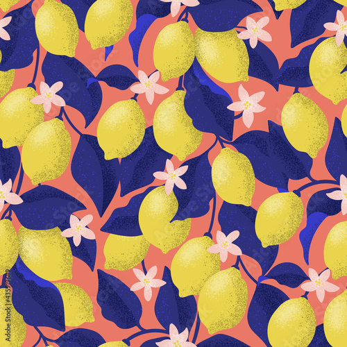 Seamless pattern of lemons on branches with blue leaves