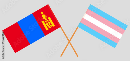 Crossed flags of Mongolia and Transgender Pride. Official colors. Correct proportion