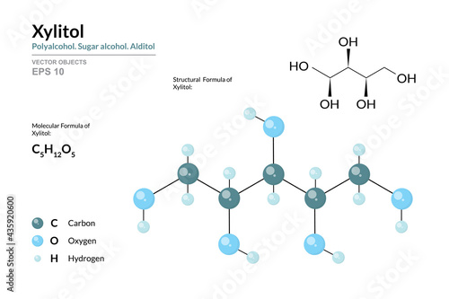 Xylitol. Food additive E967. Sugar alcohol. Alditol and Sugar substitute. Polyalcohol. C5H12O5. Structural Chemical Formula and Molecule 3d Model. Atoms with Color Coding. Vector Illustration