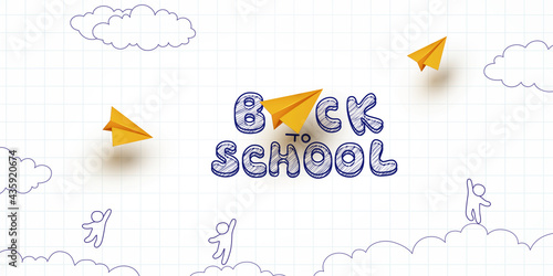 Back to school notebook background. Drawing children and flying yellow paper airplanes banner. Vector doodle kids with 3d planes on education poster