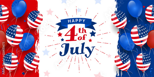 Happy 4th of July, USA fireworks celebrations design on modern, contemporary grunge design background with usa colored balloons.
