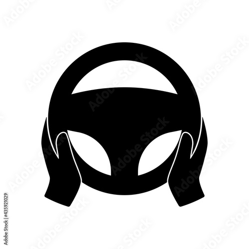 Steering wheel icon. Hands on steering wheel. Driver. Driving car symbol. Test drive. Vector silhouette illustration isolated on white background