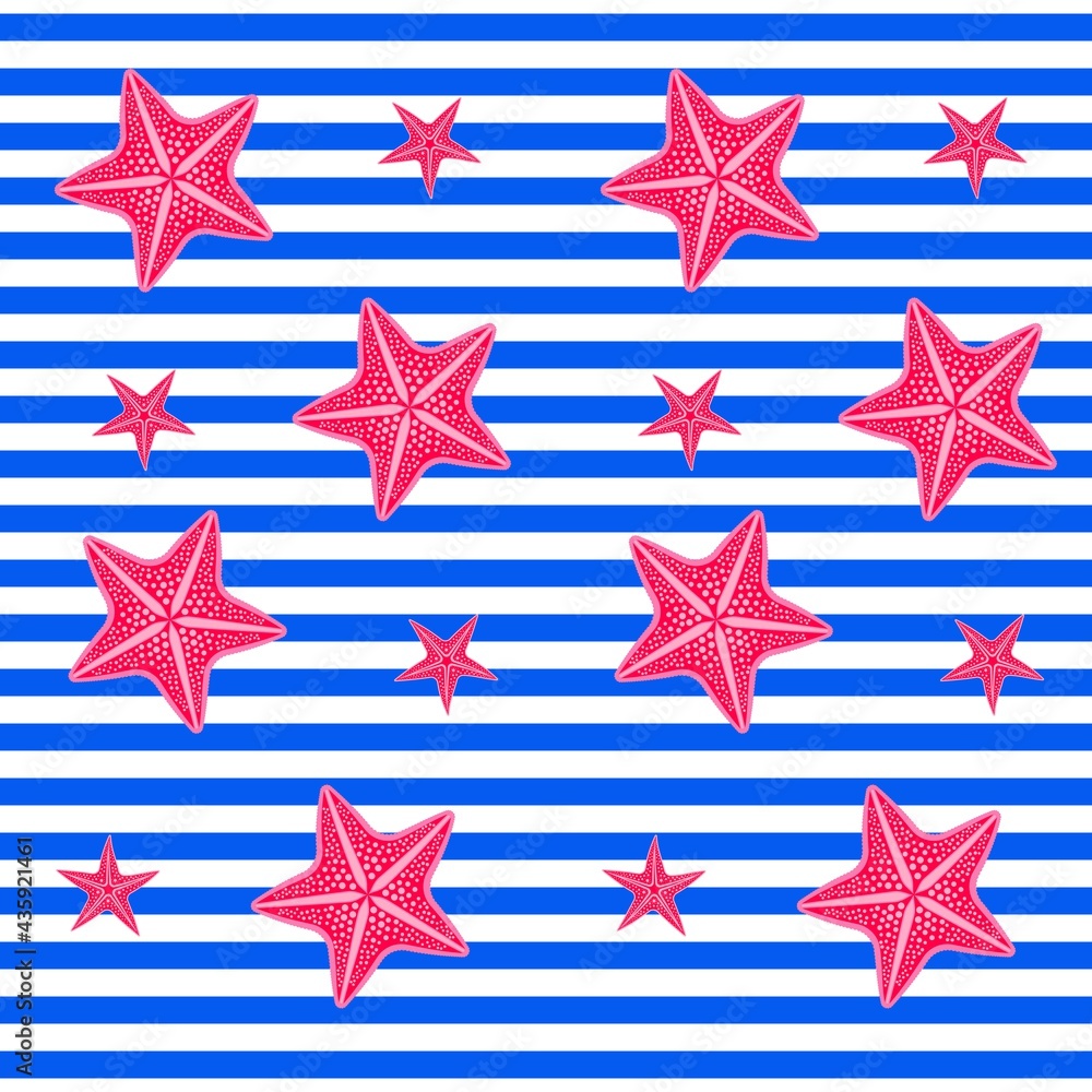 Seamless blue and white striped pattern with crimson starfish. Beach towel, print for fabric. Seamless blue and white striped pattern with crimson starfish. Beach towel, print for fabric.