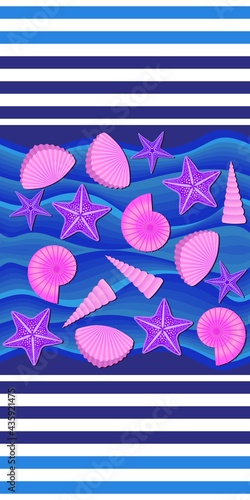 Seashells and starfish against blue waves background and seaman stripes. Marine seamless pattern.