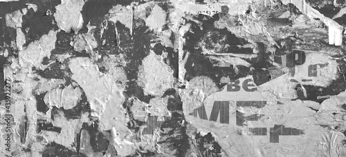 Crumpled Creased Paper and Torn Posters Wide Texture or Background. Urban Old Wall with Scratched Advertising Panoramic Background. Old Urban Street Billboard With Torn Posters And Stickers