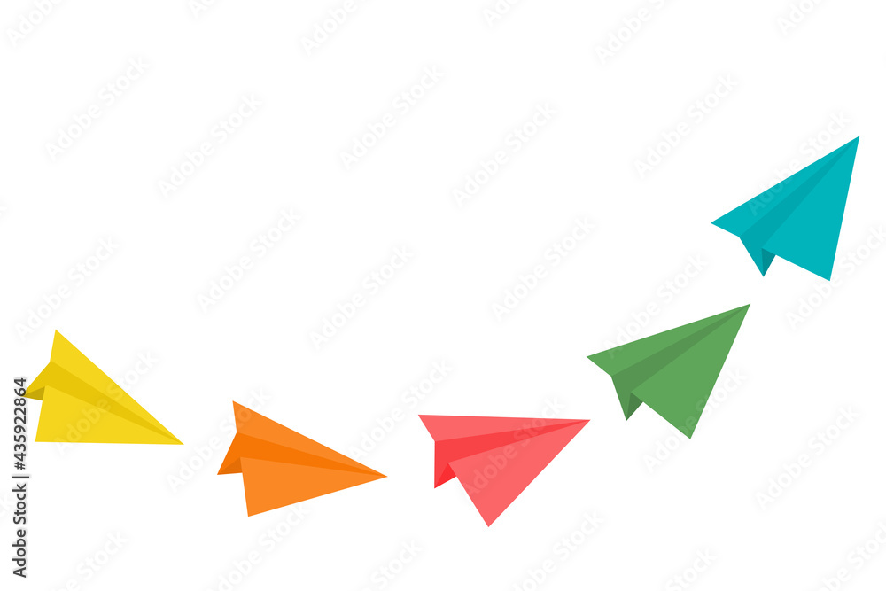 Group of colorful flying paper planes that follow each other. Fun concept for management, leadership or learning curve for teamwork. Shows the journey and improvement on the way. Dream vacation idea. Group of colorful flying paper planes that follow each other. Fun concept for management, leadership or learning curve for teamwork. Shows the journey and improvement on the way. Dream vacation idea.