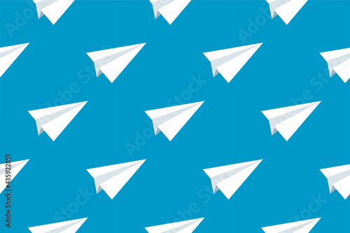 Simple white paper airplanes on blue sky background. Seamless conceptual texture for growth, teamwork, or crowd following trends. Flying into future or new beginnings. Cute pattern for wrapping paper.