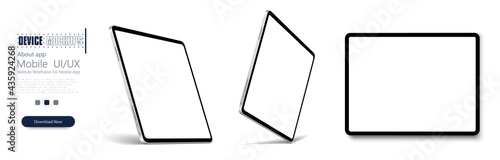 Tablet frame less blank screen, rotated position. Tablet from different angles. Mockup generic device set. . UI/UX Template for infographics or presentation 3D realistic graphics tablet.
