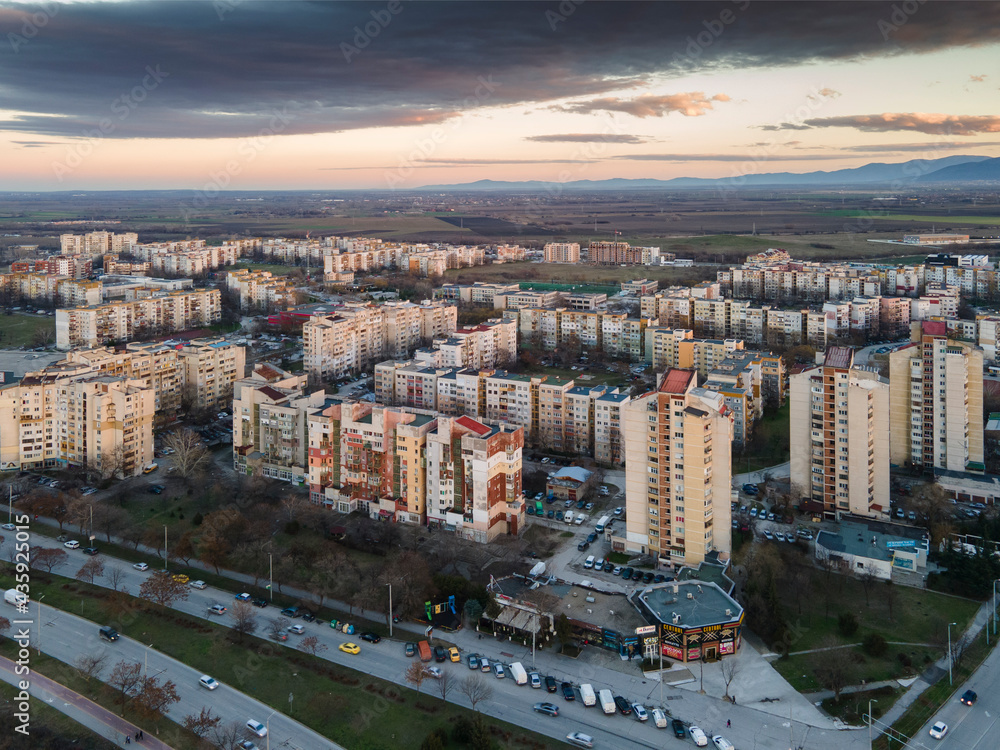 Obraz premium Aerial Sunset view of Typical residential building in Plovdiv, Bulgaria