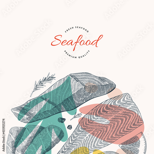Salmon fish illustration, vector template with hand drawn art of salmon fillet and steak, culinary ongredients, bannerr or card design