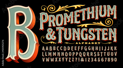 Promethium and Tungsten is an elegant and ornate alphabet with vintage style 3d details. Good for circus, carnival, amusement park, steampunk, logos for tattoo parlor, curio shop, carousel, etc. photo
