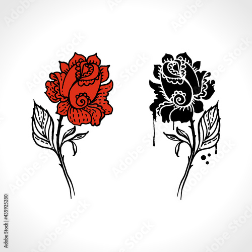 Two roses. Red and black rose. Black ink drawn sketch of a blooming rose for a tattoo. Vector old school style pattern.