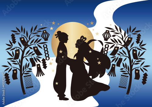 七夕　笹　夏　織姫　彦星　牽牛　シルエット　影絵　切絵　背景　イラスト素材