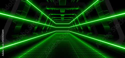 Fototapeta Naklejka Na Ścianę i Meble -  Sci Fy neon lamps in a dark corridor. Reflections on the floor and walls. 3d rendering image.